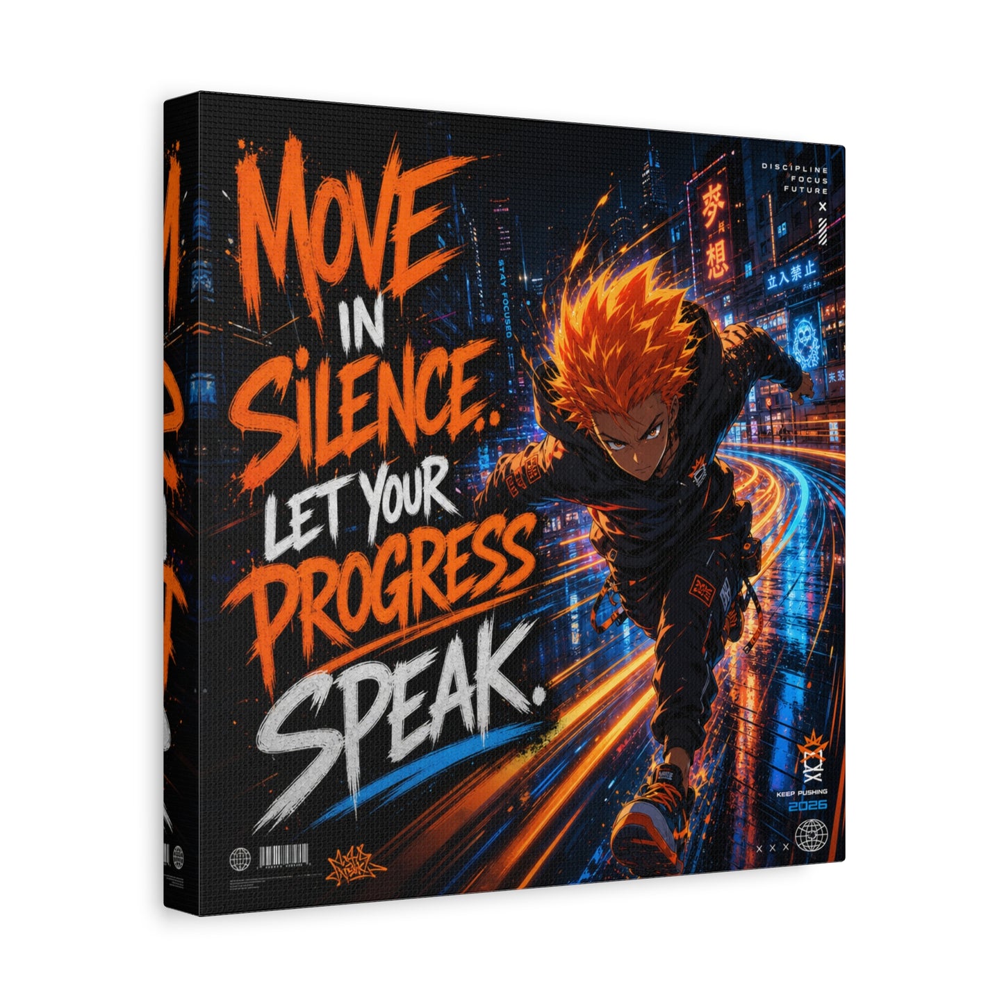 "Move In Silence Let Your Progress Speak" Anime Canvas Wall Art - Cyberpunk Runner Motivational Quote Print, Neon City Street Illustration - Teen Bedroom Decor, Home Office Accent - Office Wall Art