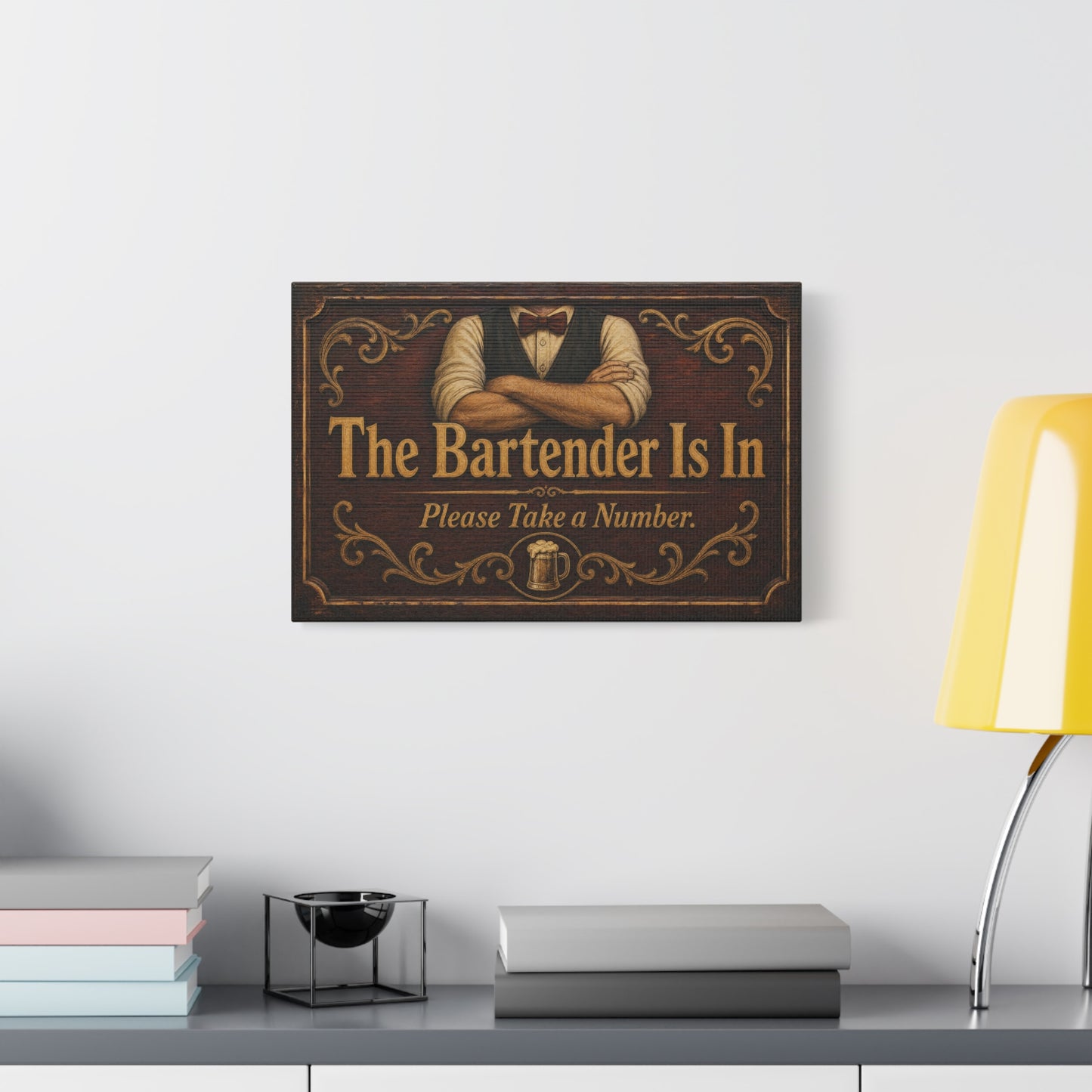 "The Bartender Is In Please Take A Number" Canvas Wall Art - Vintage Rustic Bar Sign Decor, Brown Woodgrain Tavern Style, Home Bar Decoration, Pub Room Accent - Ready to Hang - Pub Wall Art