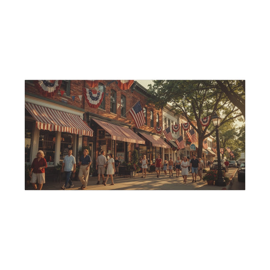 Patriotic Main Street Canvas Wall Art - American Flag Small Town Streetscape, Golden Hour Art Print - Vintage Americana Style - Living Room Wall Decor, Office Art Accent - Ready to Hang