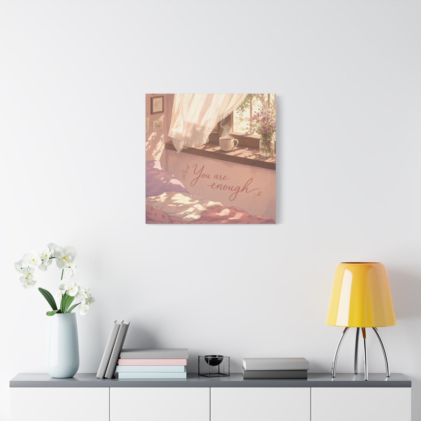 "You Are Enough" Inspirational Canvas Wall Art - Sunlit Bedroom Window Flowers, Cozy Pink Cottagecore Decor - Matte Affirmation Print - Bedroom Home Decoration, Teen Room Accent - Office Wall Art