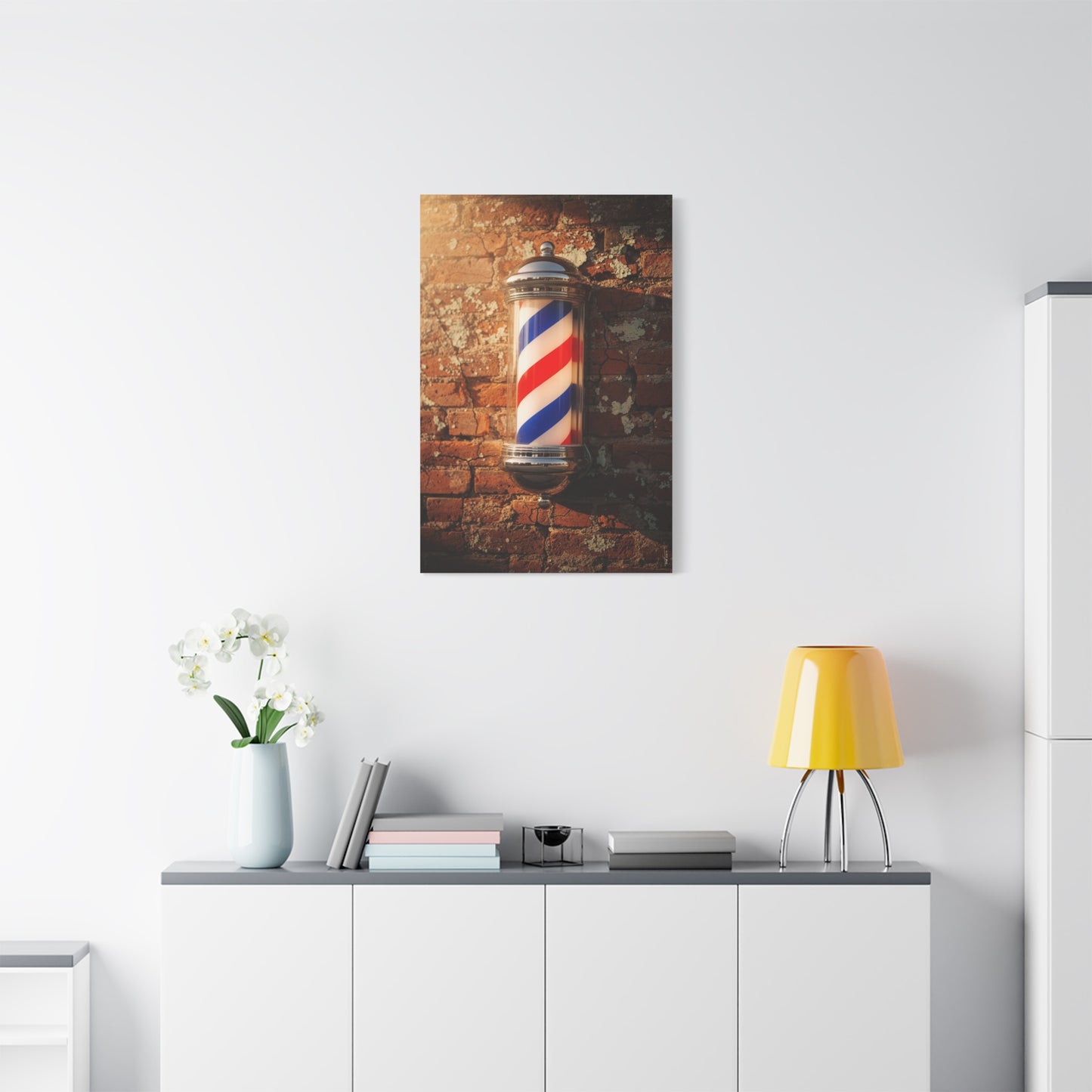Vintage Barber Pole Canvas Wall Art - Rustic Brick Wall Art Print, Red Blue White Stripe Shop Decor - Matte Cotton Art Print - Barbershop Interior Accent, Lobby Workspace Styling - Ready to Hang