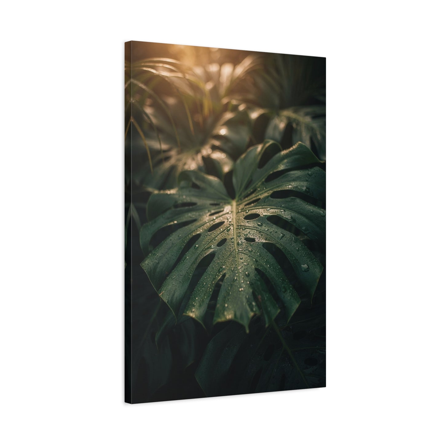 Monstera Leaf Canvas Wall Art - Tropical Botanical Art Print, Moody Green Foliage - Matte Cotton Canvas Print - Bedroom Wall Decor, Bathroom Home Decoration, Spa Style Accent - Cozy Reading Nook Art