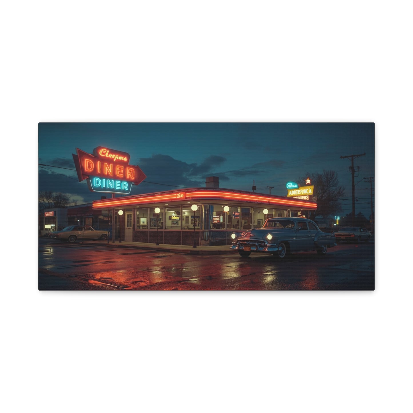 Neon Diner Canvas Wall Art - Retro American Diner Night Scene, Vintage Car Art Print - Moody Blue Glow, Contemporary Style - Living Room Wall Decor, Office Art - Bedroom Home Decoration