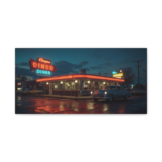 Neon Diner Canvas Wall Art - Retro American Diner Night Scene, Vintage Car Art Print - Moody Blue Glow, Contemporary Style - Living Room Wall Decor, Office Art - Bedroom Home Decoration