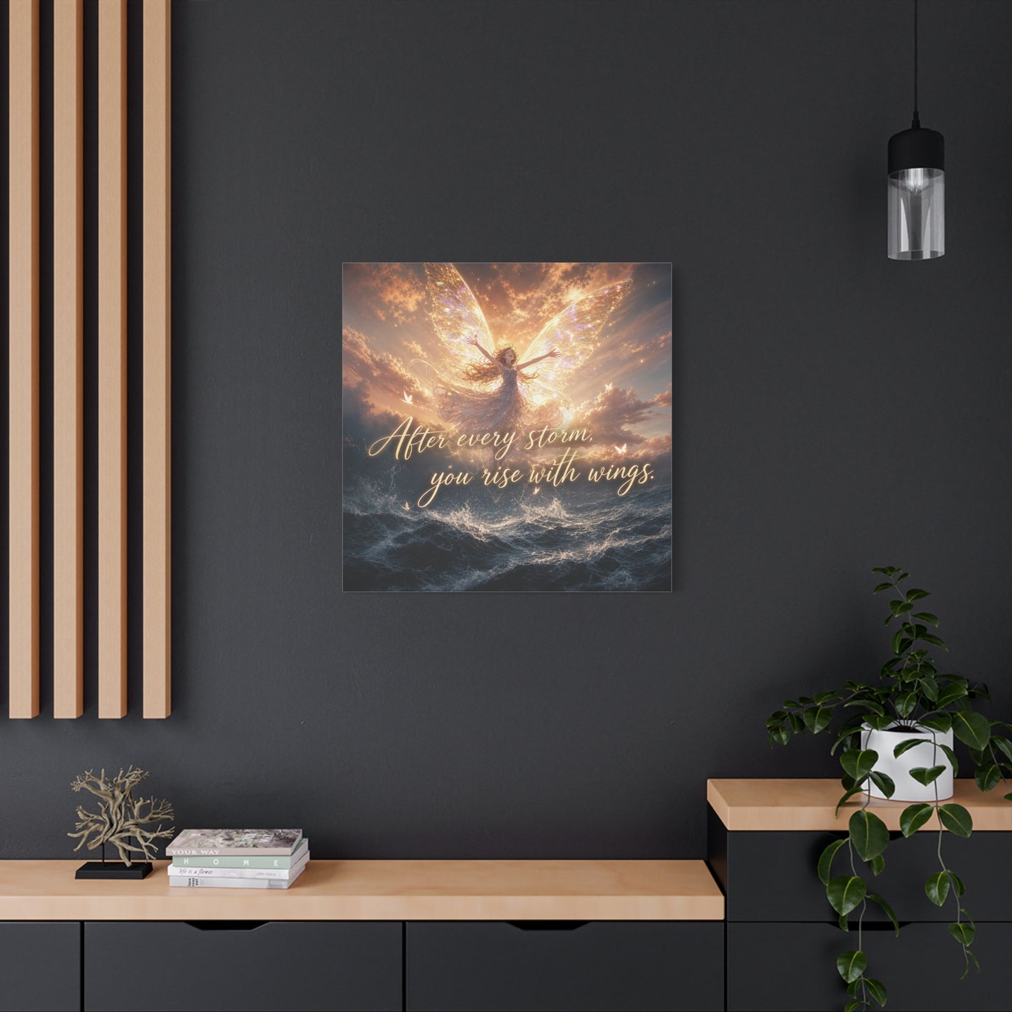 "After Every Storm, You Rise With Wings." Fairy Canvas Wall Art - Inspirational Ocean Sky Quote Print - Golden Ethereal Fantasy Decor - Bedroom Wall Hanging, Living Room Accent - Ready to Hang