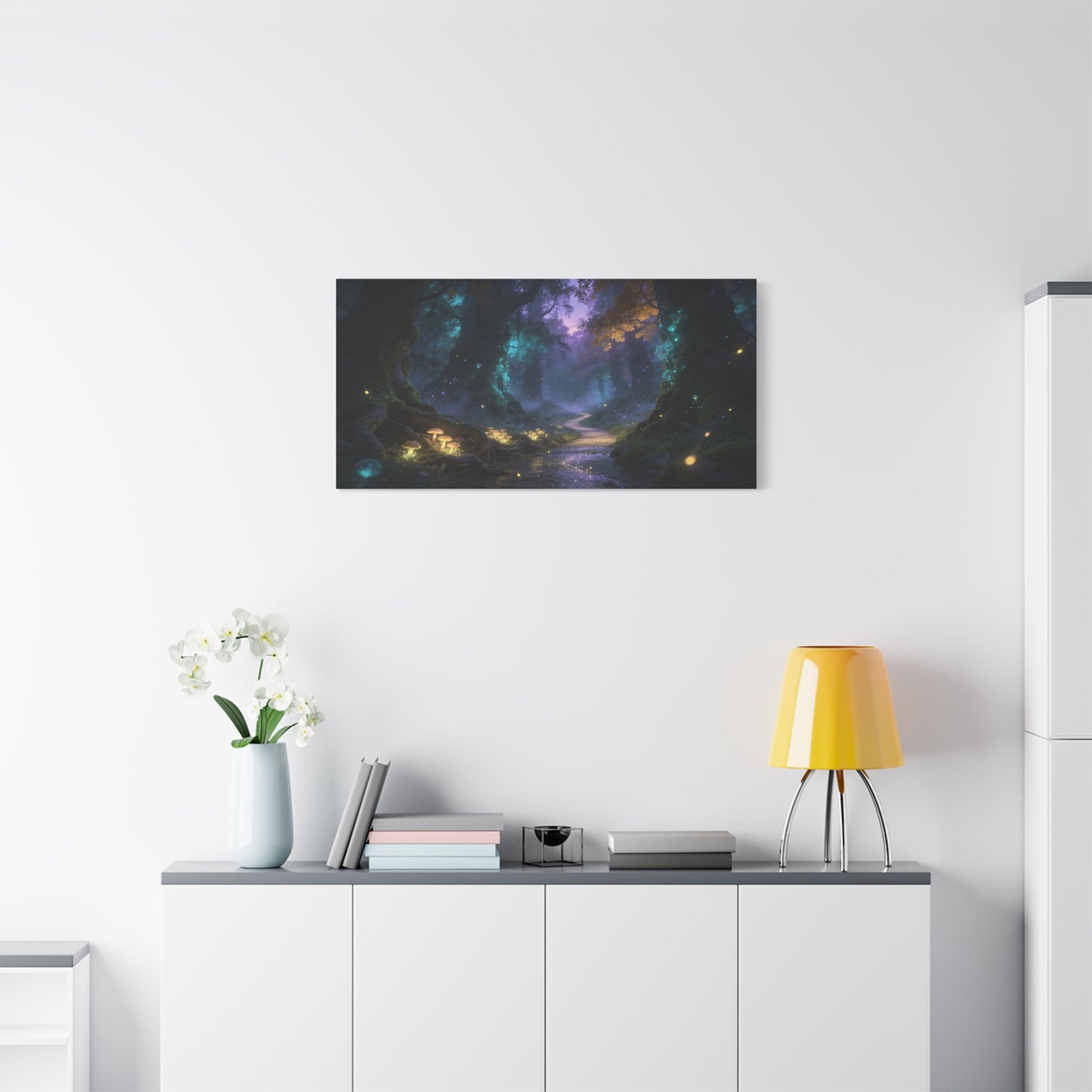 Enchanted Forest Canvas Wall Art - Glowing Mushrooms, Moonlit Woodland Path - Dreamy Fantasy Landscape - Matte Cotton Canvas Print - Living Room Wall Decor, Bedroom Home Decoration - Ready to Hang