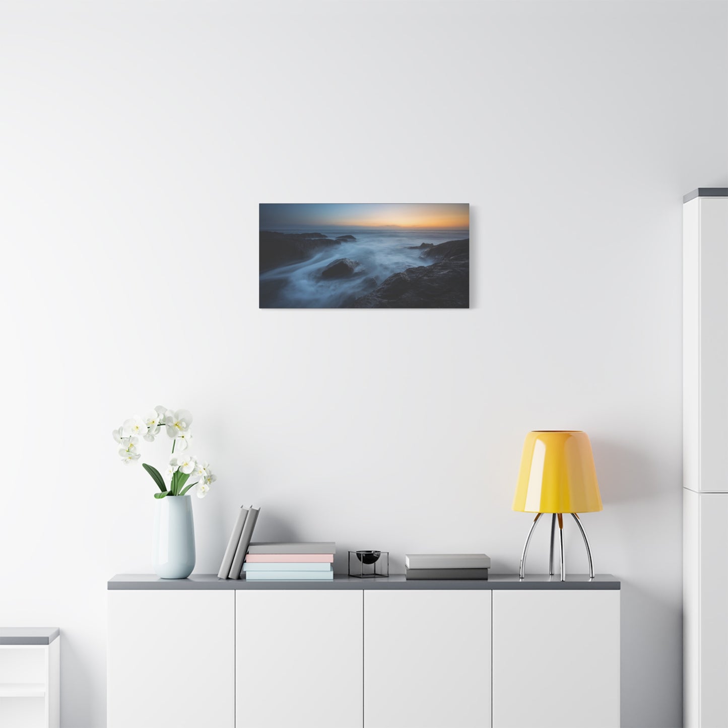 Rocky Ocean Seascape Canvas Wall Art - Long Exposure Coastal Sunset Art Print, Blue Water And Dark Stone Shoreline - Contemporary Matte Canvas Print - Living Room Bedroom Office Decor