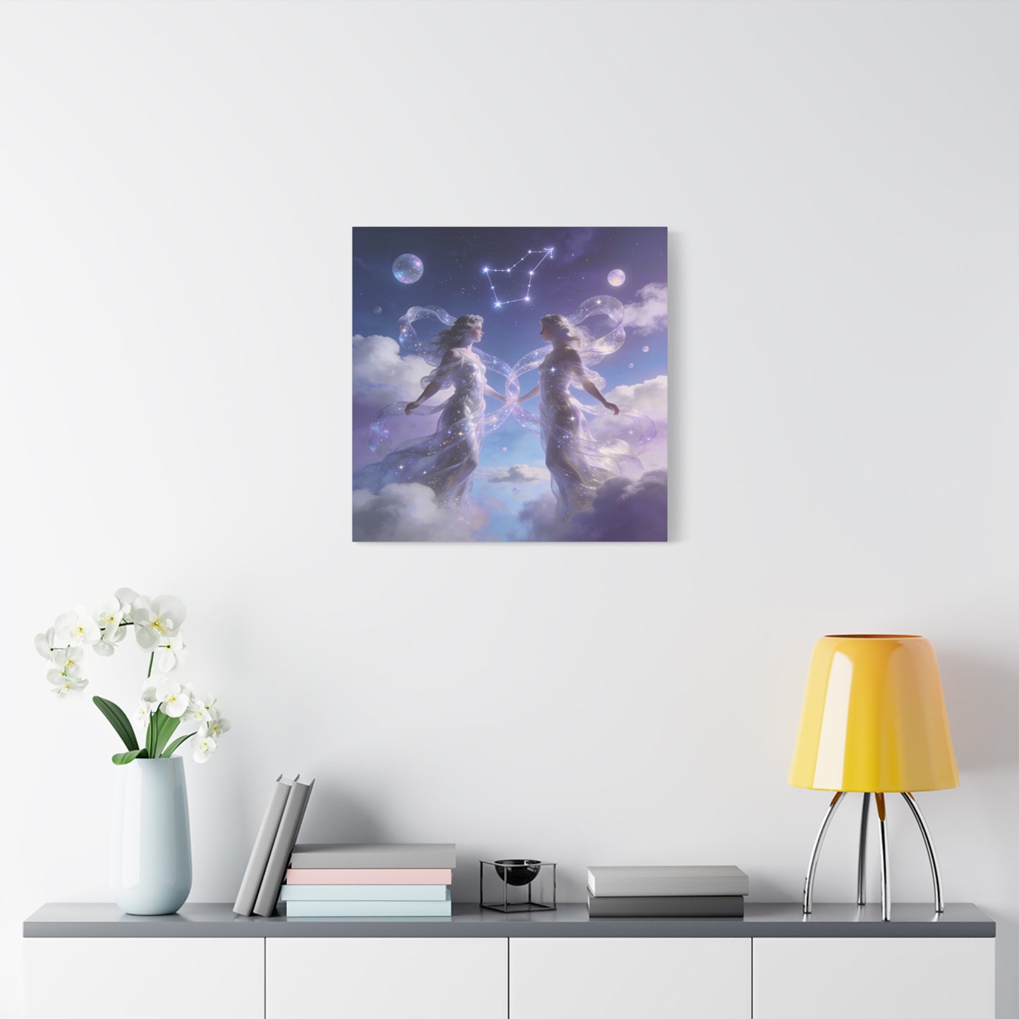 Gemini Zodiac Canvas Wall Art - Celestial Twin Women Under Constellation, Dreamy Fantasy Sky Scene - Matte Cotton Art Print - Bedroom Wall Decor, Meditation Space Accent - Bedroom Home Decoration