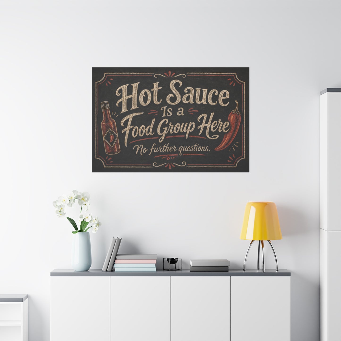 "Hot Sauce Is a Food Group Here No further questions." Canvas Wall Art - Chalkboard Kitchen Quote - Vintage Rustic Typography - Dining Room Wall Decor - Modern Farmhouse Style - Modern Farmhouse Style