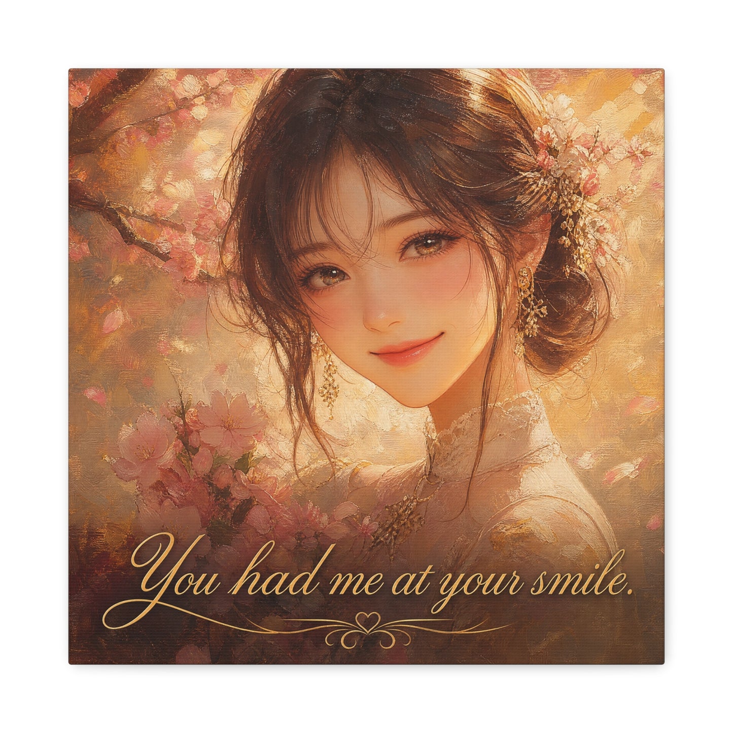 You Had Me At Your Smile Portrait Canvas Wall Art - Romantic Floral Woman Quote Print - Golden Blush Illustration - Traditional Style Living Room Decor - Ready to Hang - Living Room Wall Decor