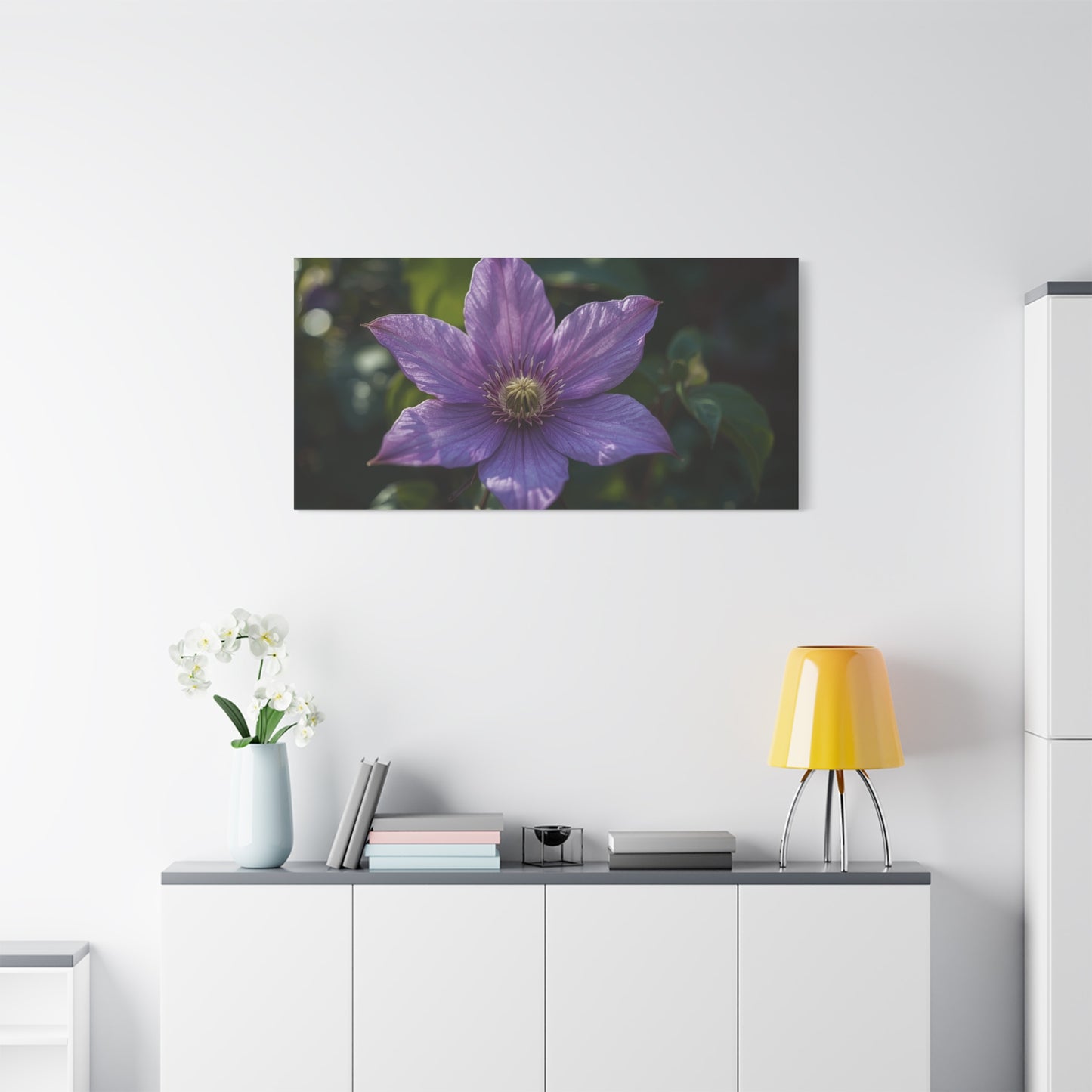 Purple Clematis Flower Canvas Wall Art - Botanical Floral Close Up Art Print - Matte Cotton Art Print - Contemporary Nature Wall Decor For Bedroom, Living Room, Bathroom Accent - Ready to Hang