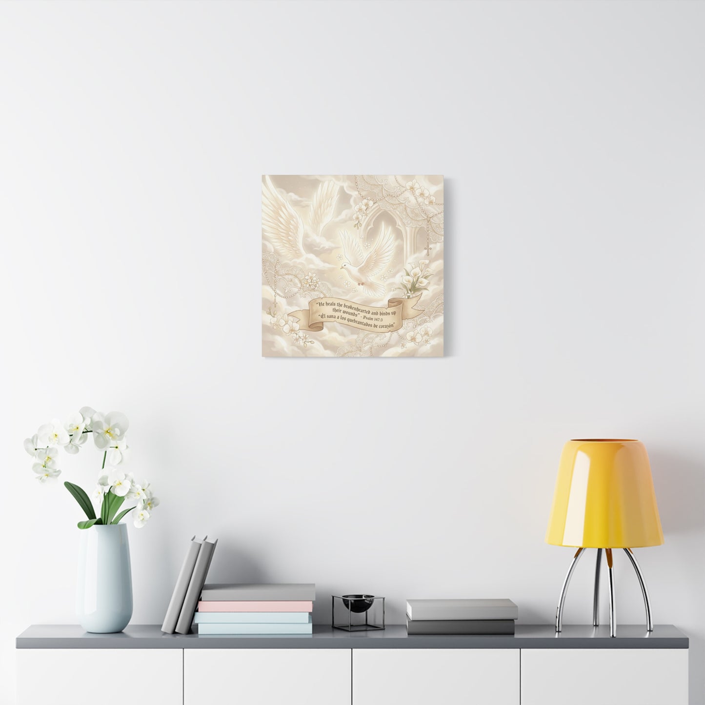 "He Heals The Brokenhearted And Binds Up Their Wounds" Canvas Wall Art - Dove, Cross, Psalm 147:3 Scripture Print - Beige Floral Christian Decor - Bedroom Living Room Home Decoration - Office Wall Art