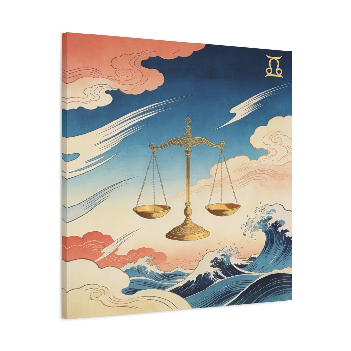 Libra Zodiac Canvas Wall Decor - Vintage Japanese Wave Scales Illustration - Celestial Astrology Print, Gold Balance Symbol, Traditional Style, Bedroom Home Decoration - Living Room Wall Decor