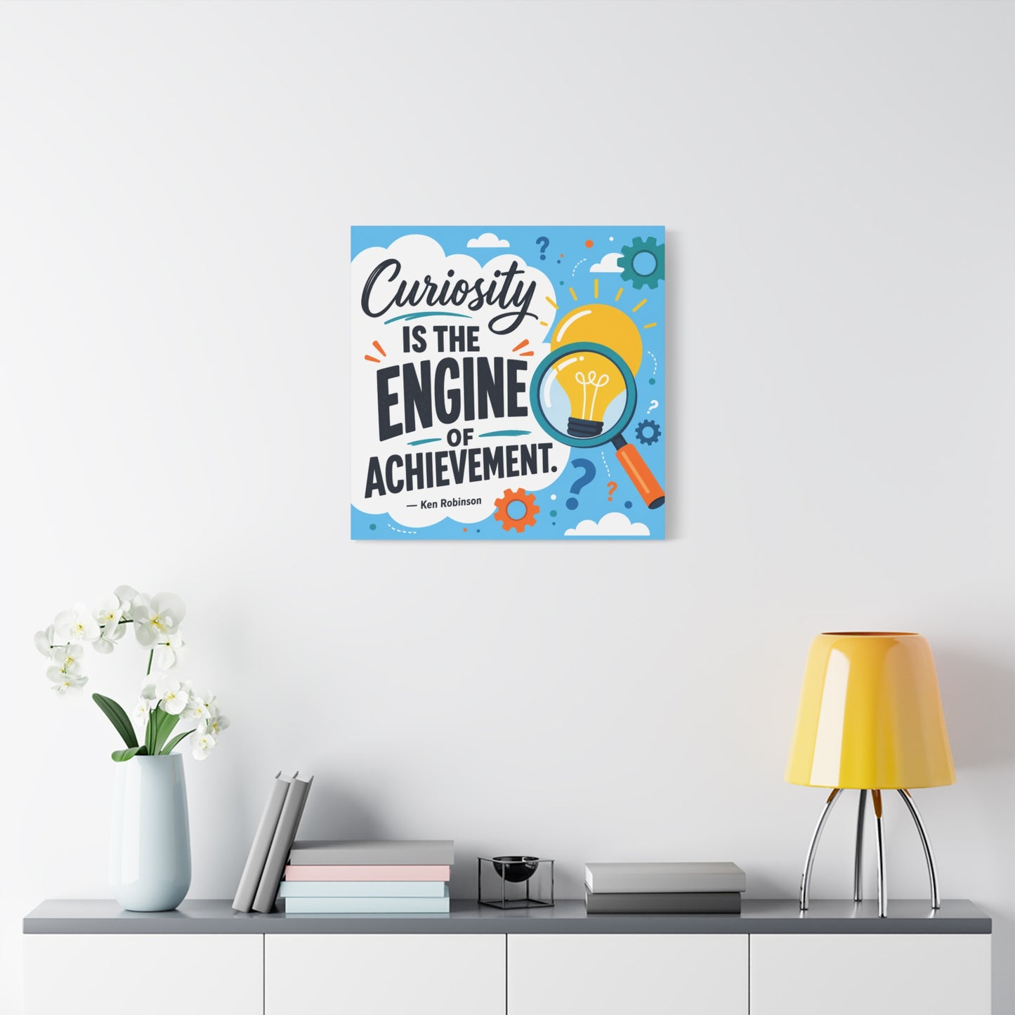 "Curiosity Is The Engine Of Achievement." Quote Canvas Wall Art - Classroom Inspirational Decor, Light Bulb Learning Poster, Teacher Office Wall Hanging, Kids Study Room Decoration - Ready to Hang