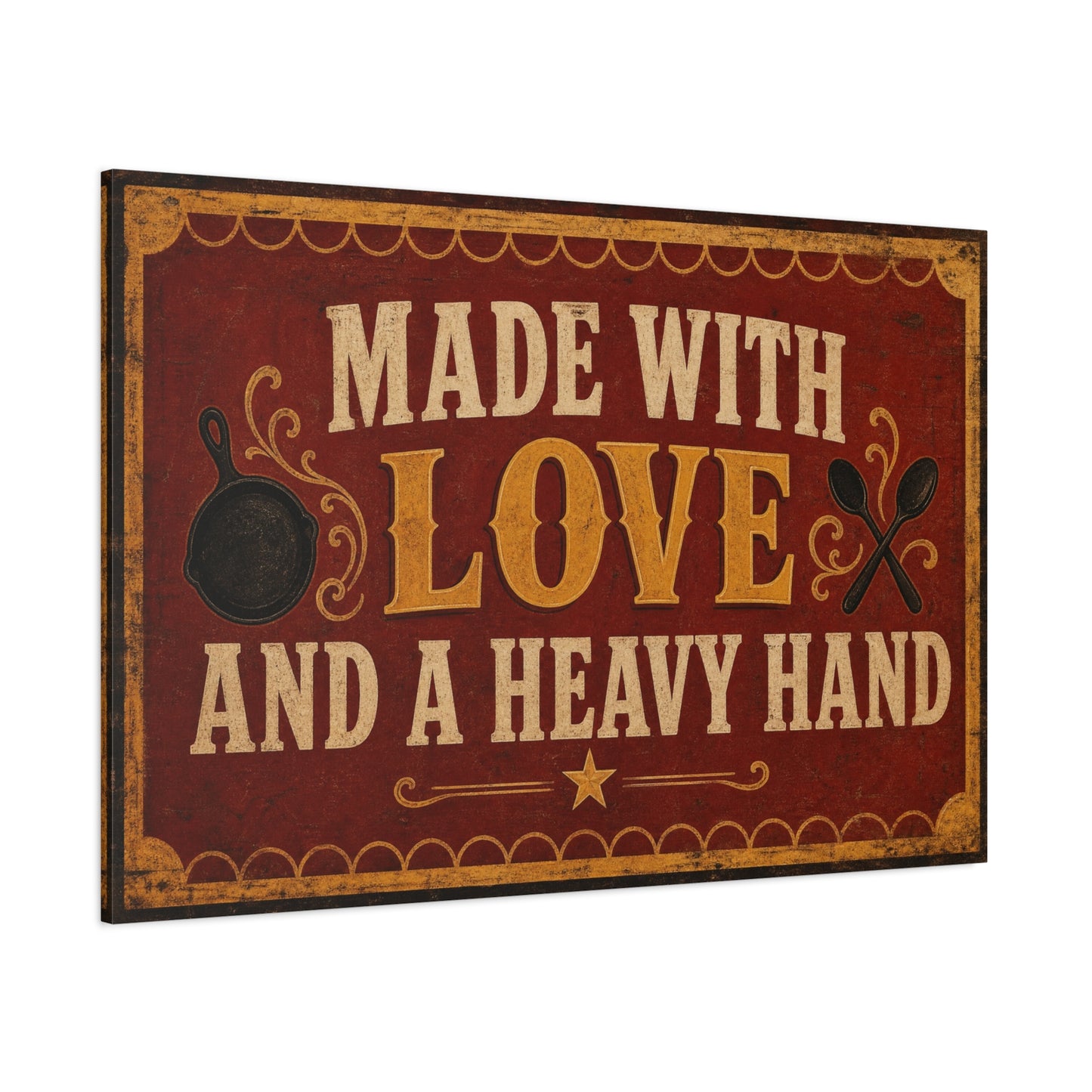 "Made With Love And A Heavy Hand" Kitchen Canvas Wall Art - Rustic Vintage Typography Print, Farmhouse Cooking Decor, Dining Room Wall Decor, Country Home Decoration - Ready to Hang - Ready to Hang