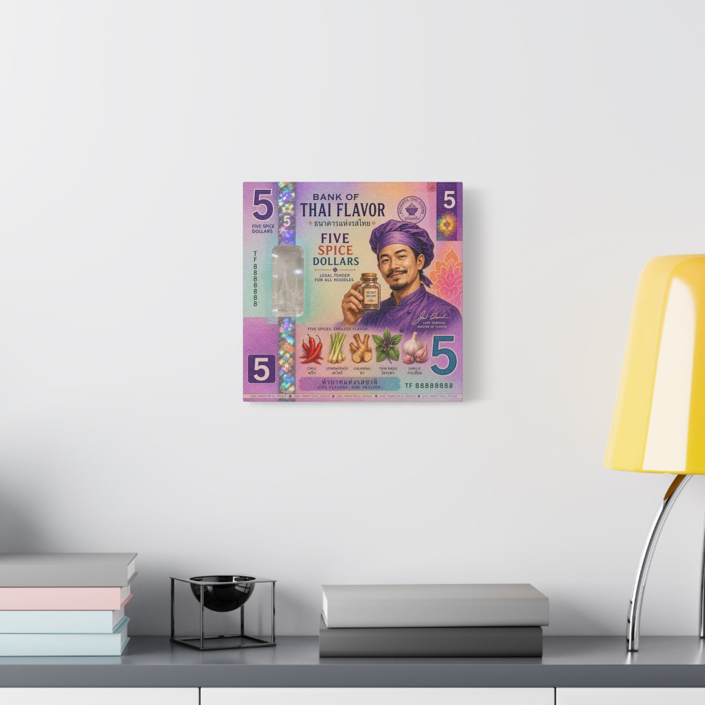 "Bank Of Thai Flavor" Thai Chef Canvas Wall Art - Five Spice Dollars Food Illustration, Colorful Typography Print, Eclectic Kitchen Decor, Cafe Wall Decor, Restaurant Wall Accent - Ready to Hang