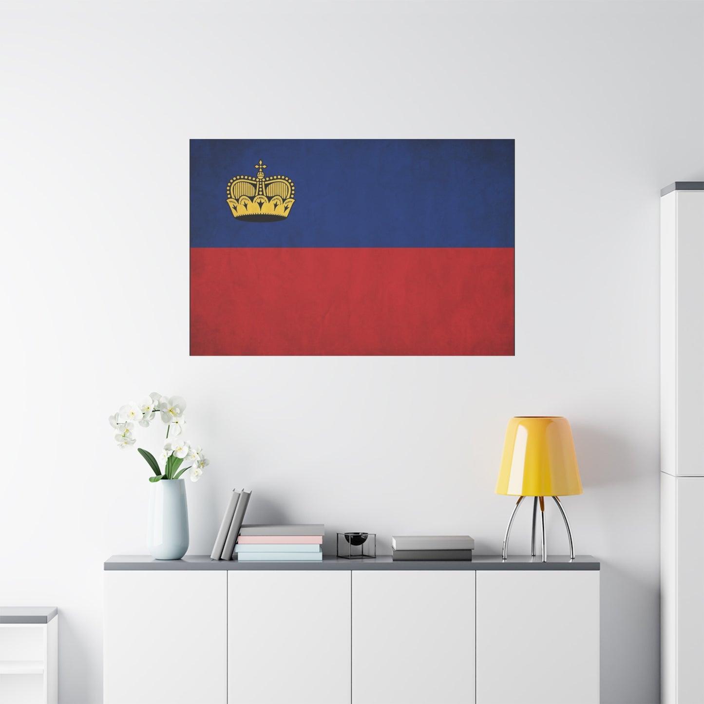 Liechtenstein Flag Canvas Wall Art - Blue Red Banner With Gold Crown - Minimalist National Print, Cotton Canvas Decor - Living Room Wall Decor, Bedroom Home Decoration - Bedroom Home Decoration