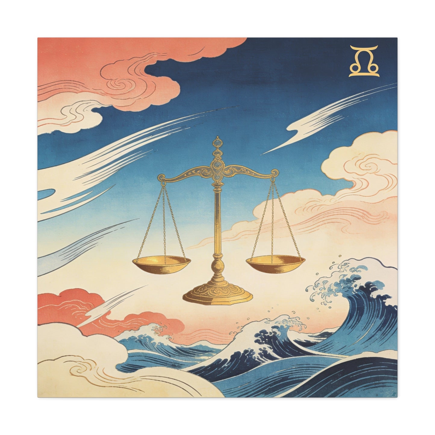 Libra Zodiac Canvas Wall Decor - Vintage Japanese Wave Scales Illustration - Celestial Astrology Print, Gold Balance Symbol, Traditional Style, Bedroom Home Decoration - Living Room Wall Decor