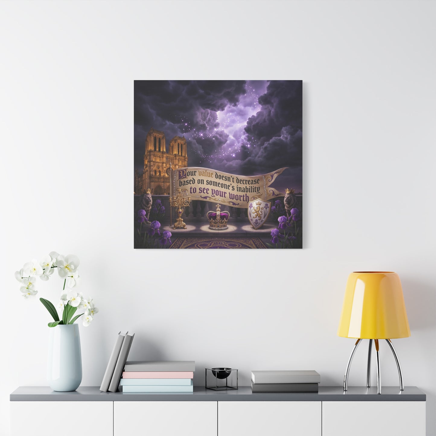 "Your Value Doesn't Decrease Based On Someone's Inability To See Your Worth" Canvas Wall Art - Gothic Cathedral, Purple Sky, Crown And Lions - Inspirational Home Decor - Living Room Bedroom