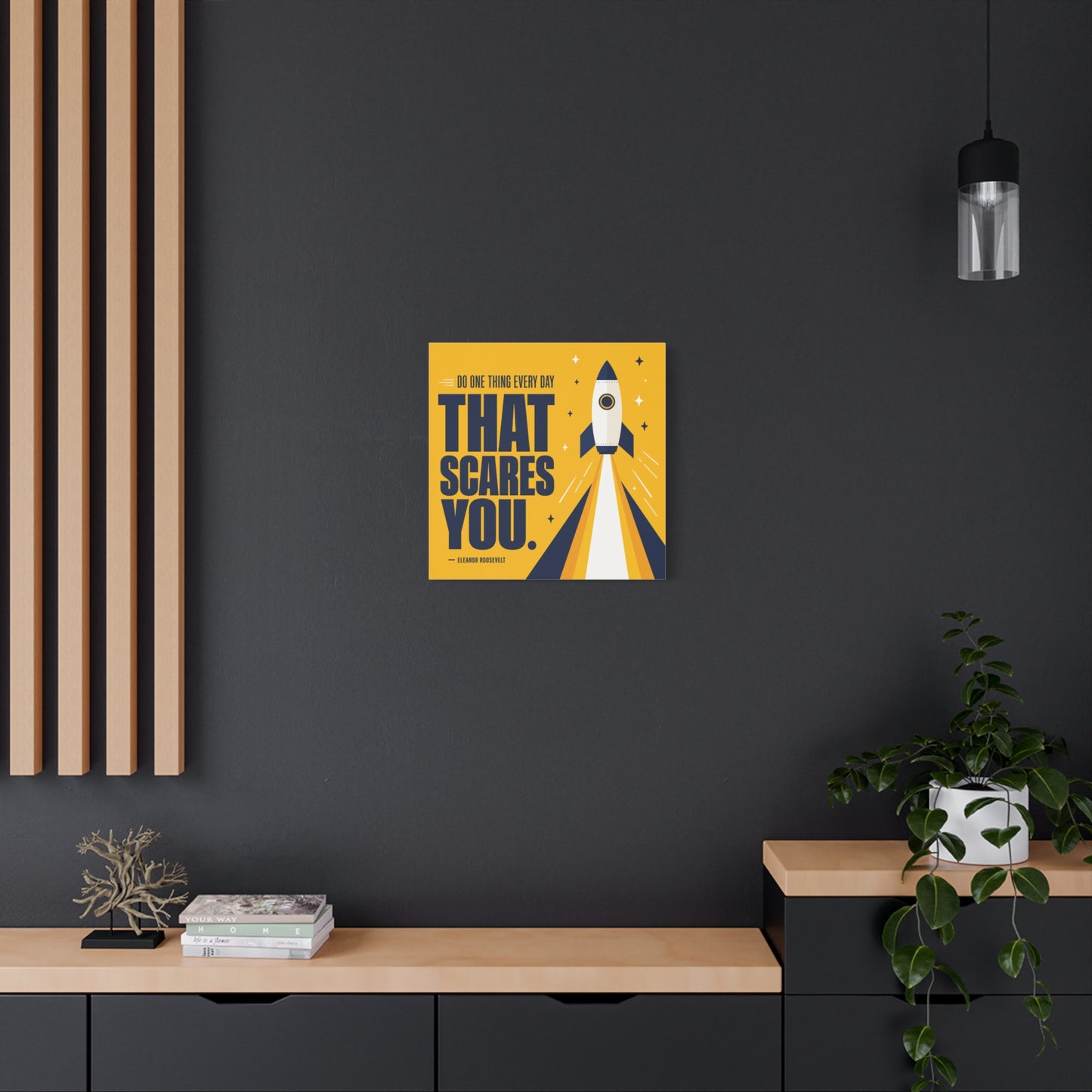 "Do One Thing Every Day That Scares You." Rocket Canvas Wall Art - Motivational Typography Space Decor - Modern Yellow Quote Print - Kids Bedroom Wall Decor, Playroom Home Decoration - Ready to Hang