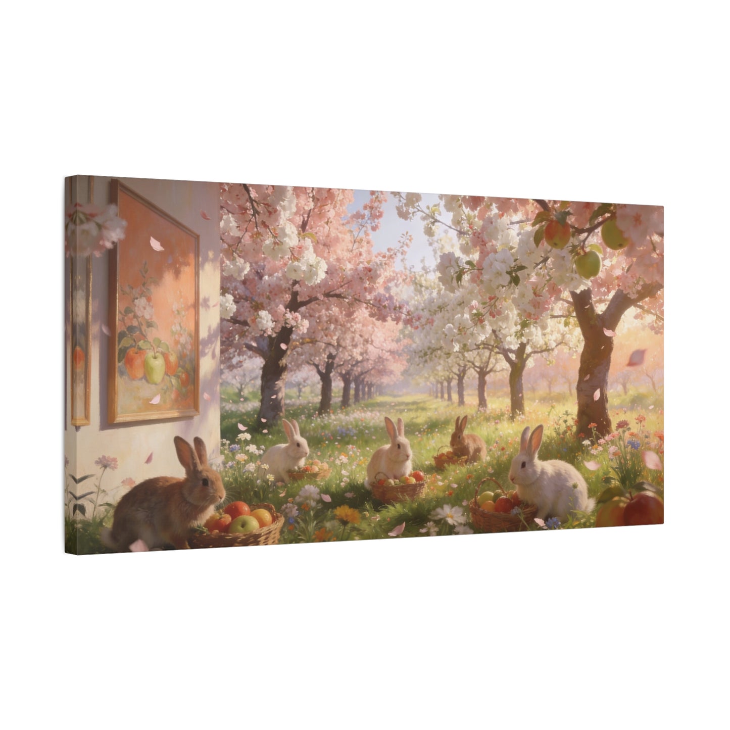 Cherry Blossom Rabbit Canvas Wall Art - Spring Orchard Bunnies, Apple Basket Meadow Scene - Matte Cotton Print, Pastel Floral Style - Bedroom Wall Decor, Nursery Home Decoration - Ready to Hang
