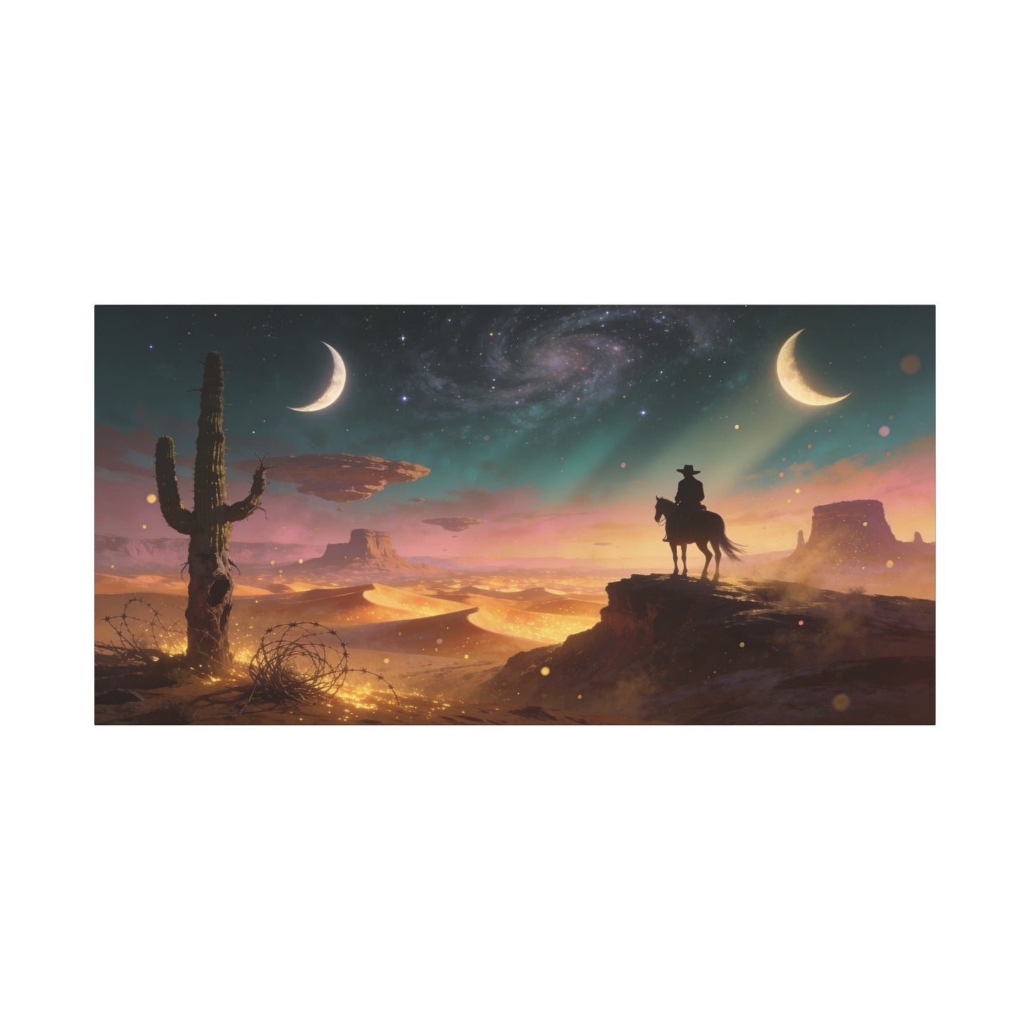 Surreal Desert Cowboy Canvas Wall Art - Crescent Moons, Galaxy Sky, Saguaro Silhouette - Matte Cotton Art Print - Contemporary Western Style, Living Room Wall Decor, Office Accent - Ready to Hang