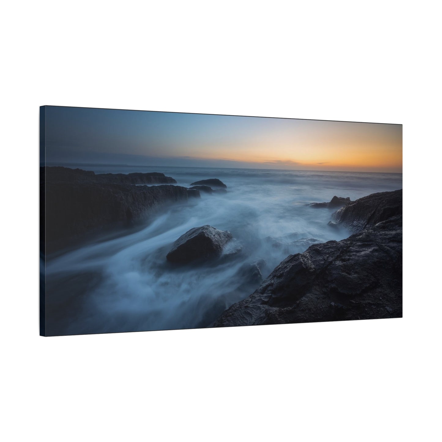 Rocky Ocean Seascape Canvas Wall Art - Long Exposure Coastal Sunset Art Print, Blue Water And Dark Stone Shoreline - Contemporary Matte Canvas Print - Living Room Bedroom Office Decor