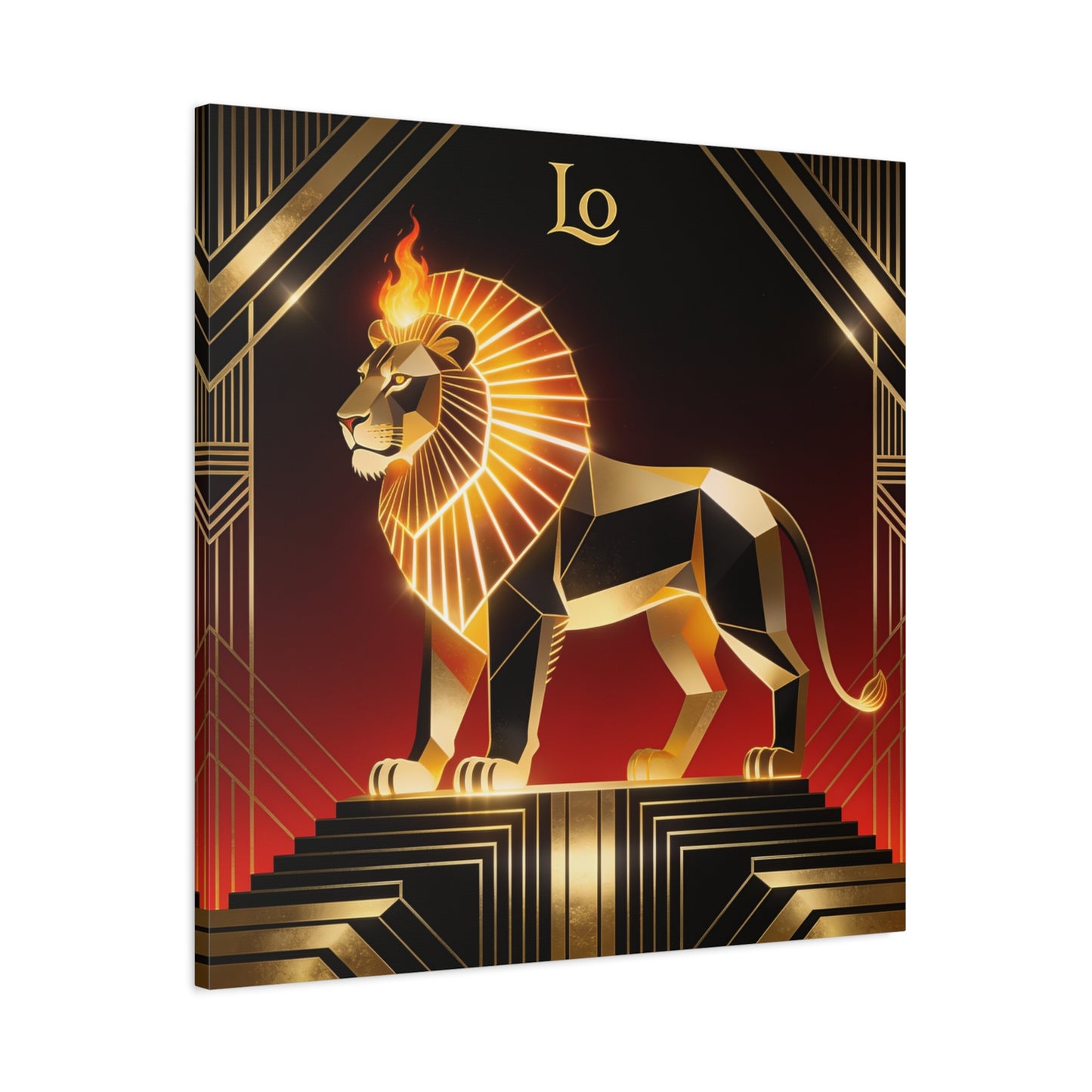 "Lo" Geometric Lion Canvas Wall Decor - Art Deco Gold Black Red Animal Print - Flaming Mane Illustration, Modern Luxe Interior Accent, Living Room Home Decoration - Living Room Wall Decor