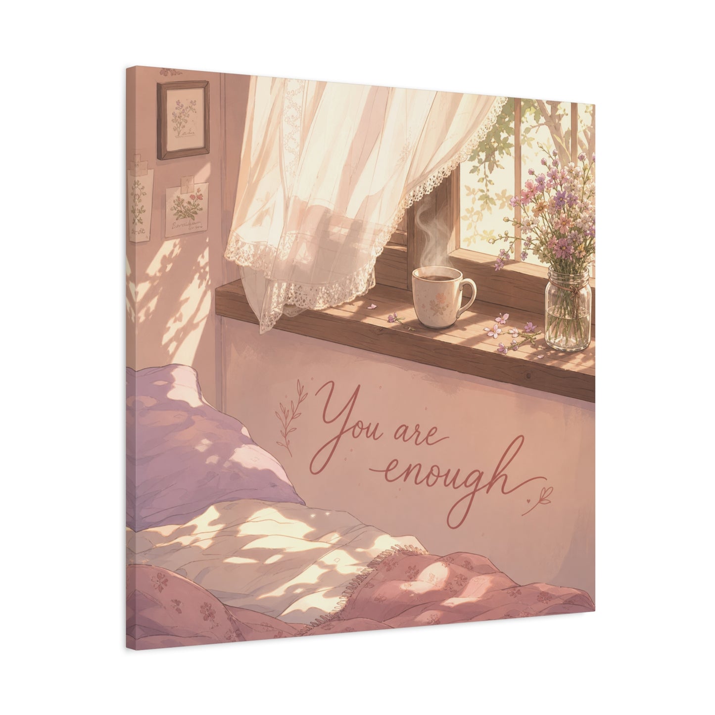 "You Are Enough" Inspirational Canvas Wall Art - Sunlit Bedroom Window Flowers, Cozy Pink Cottagecore Decor - Matte Affirmation Print - Bedroom Home Decoration, Teen Room Accent - Office Wall Art
