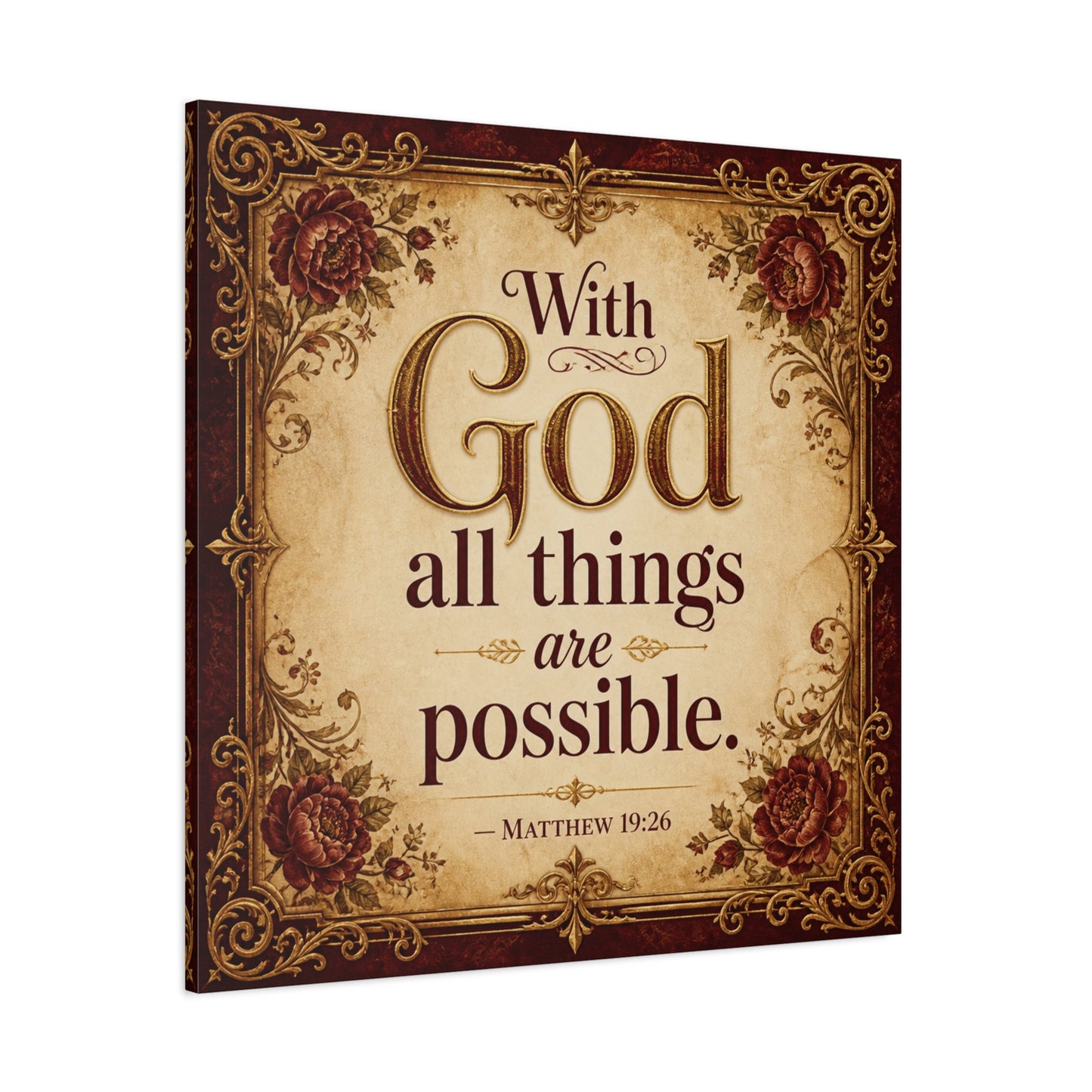 "With God All Things Are Possible. - Matthew 19:26" Christian Canvas Wall Art - Vintage Floral Scripture Print, Traditional Inspirational Decor, Living Room Bedroom Wall Hanging - Ready to Hang