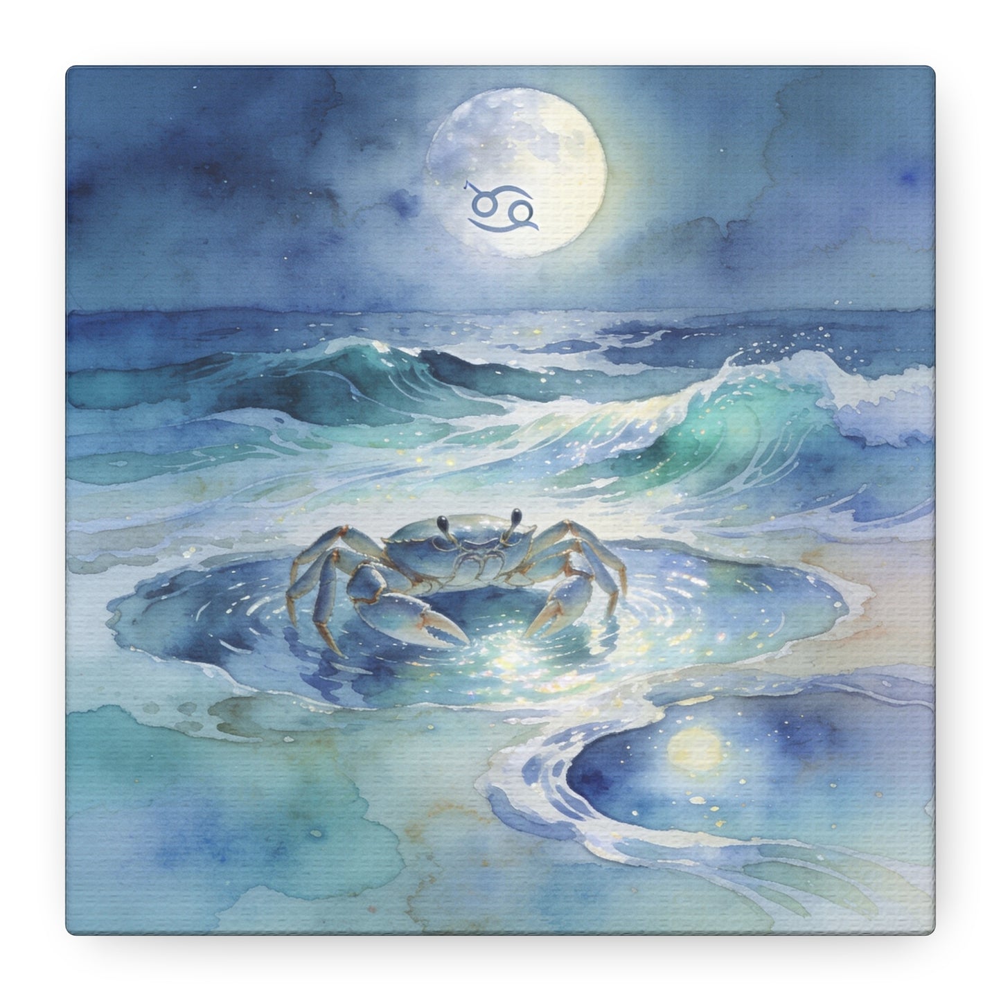 Cancer Zodiac Canvas Wall Art - Moonlit Ocean Crab Watercolor Print, Coastal Astrology Decor - Serene Blue Seascape - Bedroom Wall Decor, Meditation Space Accent, Bohemian Style - Ready to Hang
