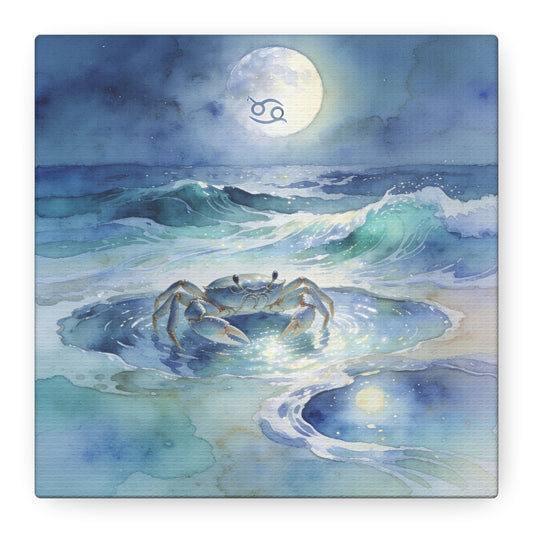 Cancer Zodiac Canvas Wall Art - Moonlit Ocean Crab Watercolor Print, Coastal Astrology Decor - Serene Blue Seascape - Bedroom Wall Decor, Meditation Space Accent, Bohemian Style - Ready to Hang