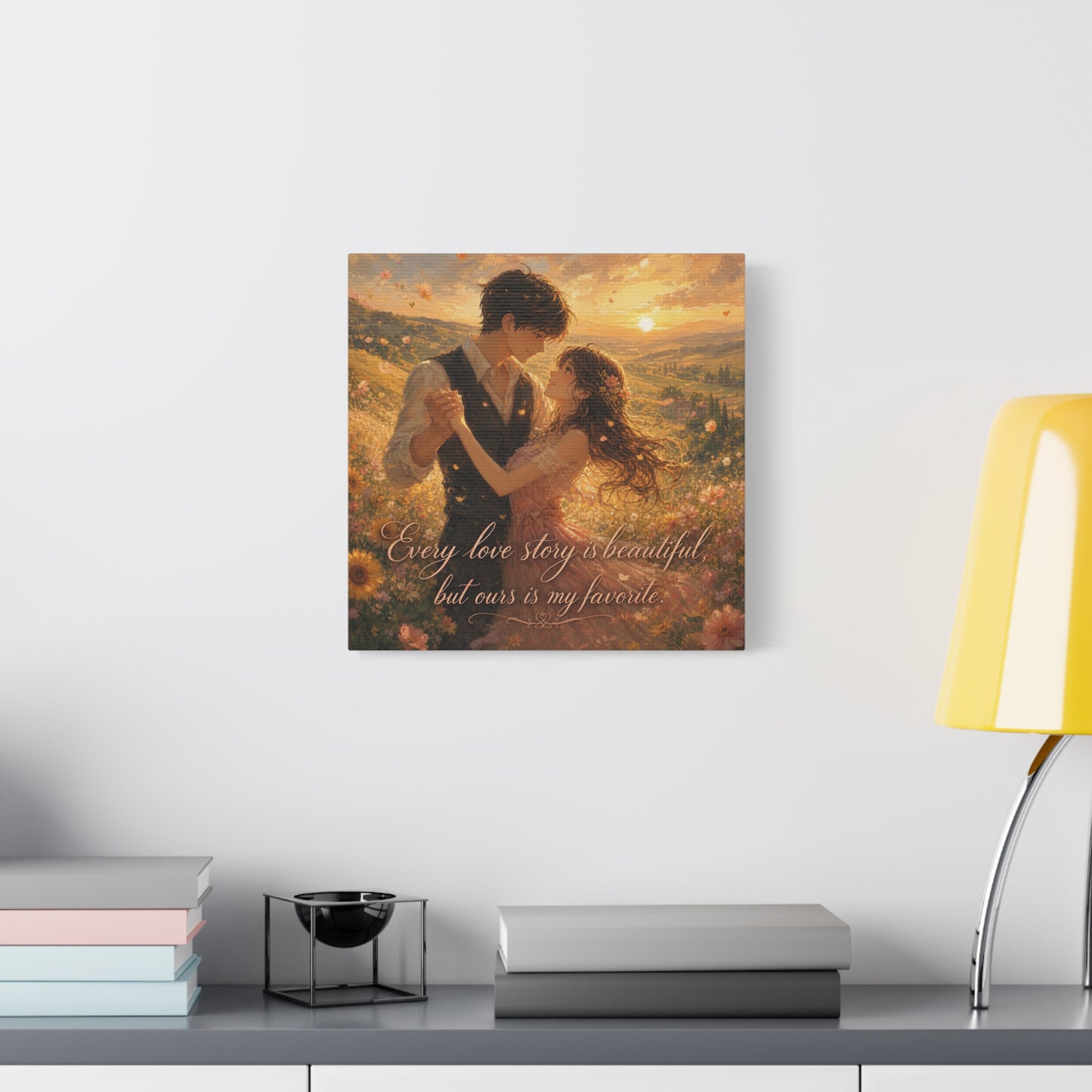 "Every Love Story Is Beautiful, But Ours Is My Favorite" Romantic Couple Canvas Wall Art - Golden Sunset Wildflower Field - Dreamy Rustic Style - Bedroom Wall Decor - Ready to Hang - Ready to Hang