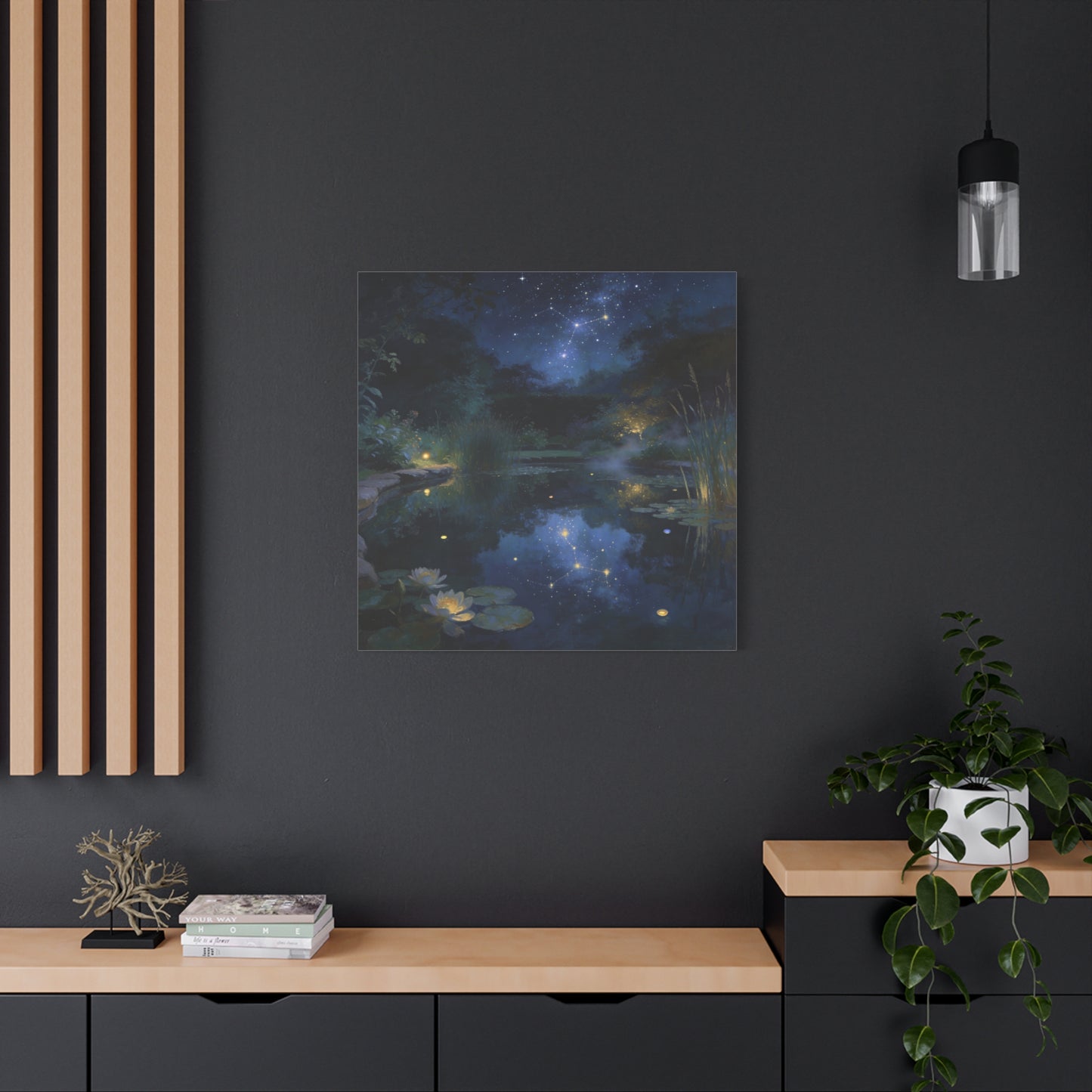Starry Night Pond Canvas Wall Art - Moonlit Water Lilies, Celestial Reflection Landscape - Dreamy Matte Canvas Print - Traditional Nightscape Style - Living Room Wall Decor Bedroom Home Accent