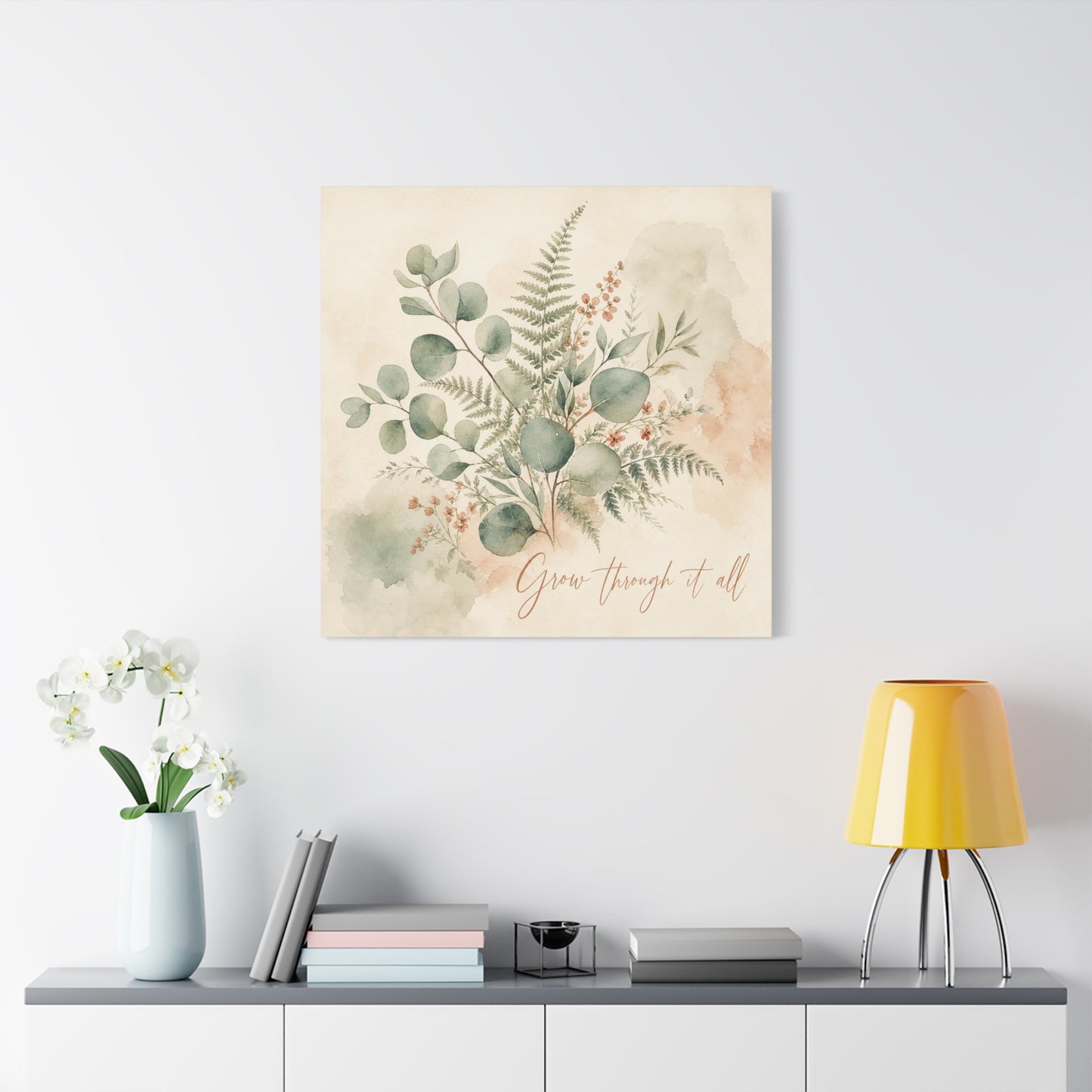 "Grow Through It All" Botanical Canvas Wall Art - Eucalyptus Fern Watercolor Quote Print, Sage Green Floral Home Decor - Modern Farmhouse Style, Bedroom Wall Hanging - Ready to Hang - Ready to Hang