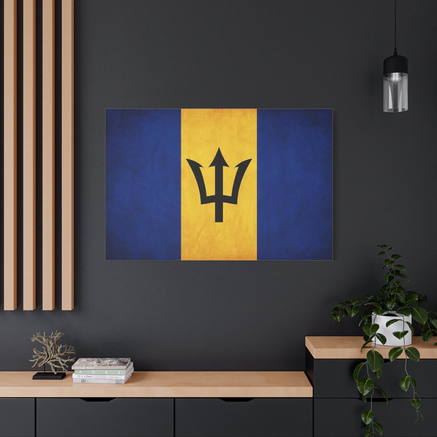 Barbados Flag Canvas Wall Art - Blue Gold Trident National Print, Caribbean Island Decor - Matte Cotton Artwork - Living Room Wall Decor, Office Accent - Bedroom Home Decoration - Ready to Hang