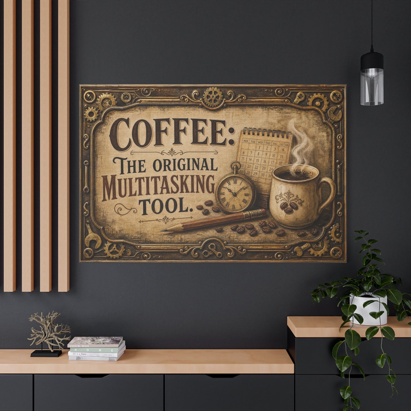 "Coffee: The Original Multitasking Tool." Canvas Wall Art - Vintage Coffee Cup Quote Print, Rustic Wall Decor, Steampunk Style, Cafe Accent - Ready to Hang - Bistro Decor - Espresso Bar Sign