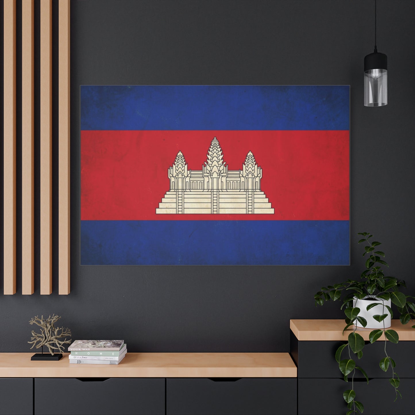 Cambodia Flag Canvas Wall Art - Khmer Temple Emblem Patriotic Print, Vintage National Decor - Textured Red Blue Banner Style - Living Room Wall Decor - Bedroom Home Decoration - Modern Farmhouse Style