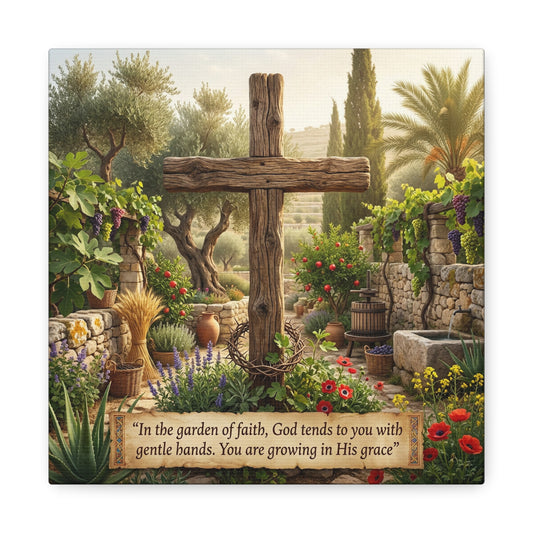 "In The Garden Of Faith, God Tends To You With Gentle Hands. You Are Growing In His Grace" Canvas Wall Art - Rustic Wooden Cross, Christian Garden Scene - Living Room Wall Decor - Ready to Hang