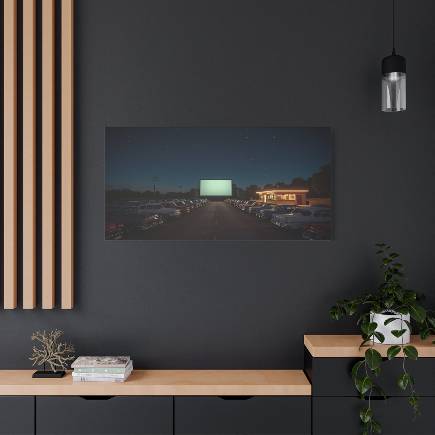 Vintage Drive-In Theater Canvas Wall Art - Starry Night Cinema Parking Lot, Retro Americana Art Print - Moody Contemporary Style - Living Room Wall Decor, Office Art - Bedroom Home Decoration