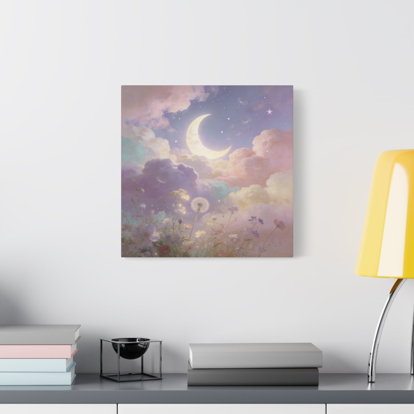 Crescent Moon Canvas Art Print - Dreamy Pastel Clouds, Dandelion Sky, Celestial Floral Scene - Cotton Matte Artwork - Lavender Nursery Accent, Bedroom Decoration, Meditation Space Decor