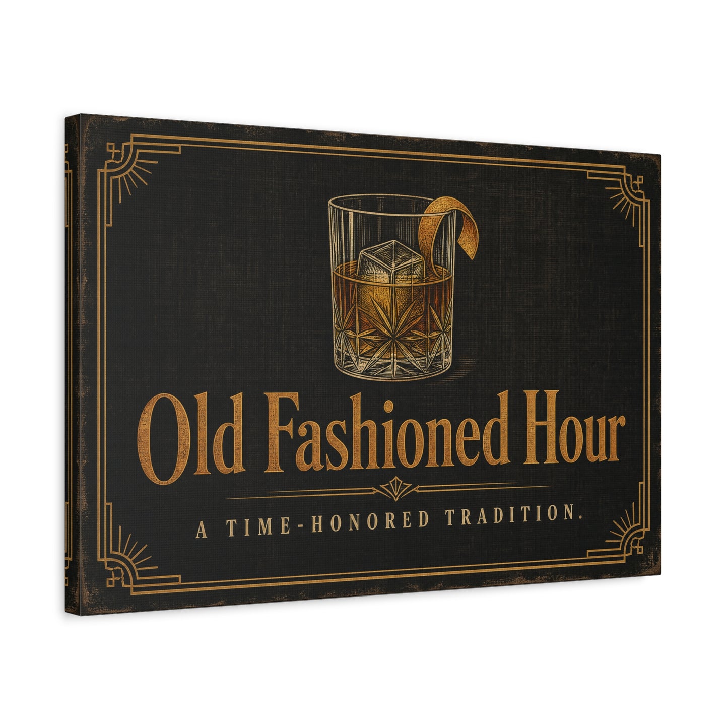 "Old Fashioned Hour" Canvas Wall Art - Vintage Whiskey Glass Quote Print, Art Deco Bar Cart Decor - Matte Cotton Wall Hanging - Speakeasy Lounge Style, Home Bar - Ready to Hang - Cocktail Lounge Decor