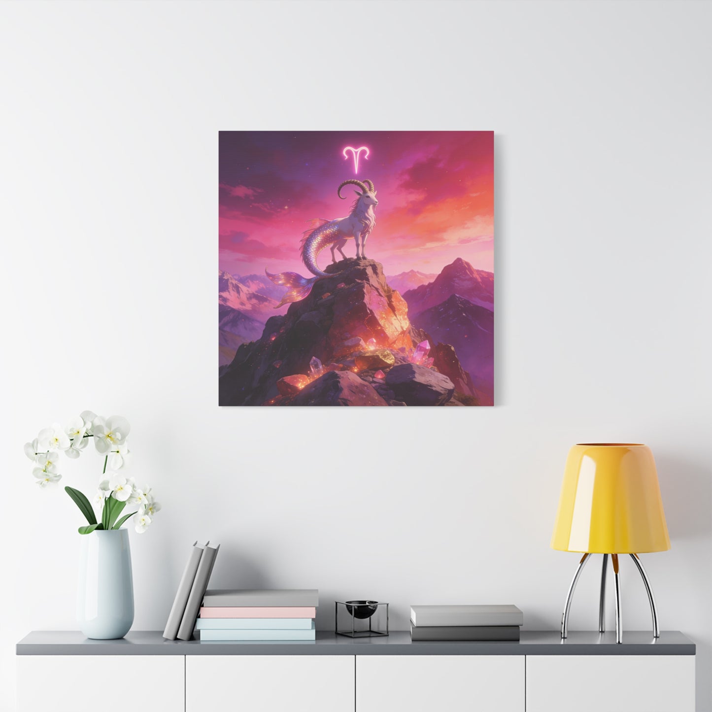 Aries Zodiac Mermaid Goat Canvas Wall Art - Fantasy Mountain Crystal Scene - Pink Purple Celestial Illustration - Modern Mystical Decor, Bedroom Home Decoration, Office Wall Art - Ready to Hang