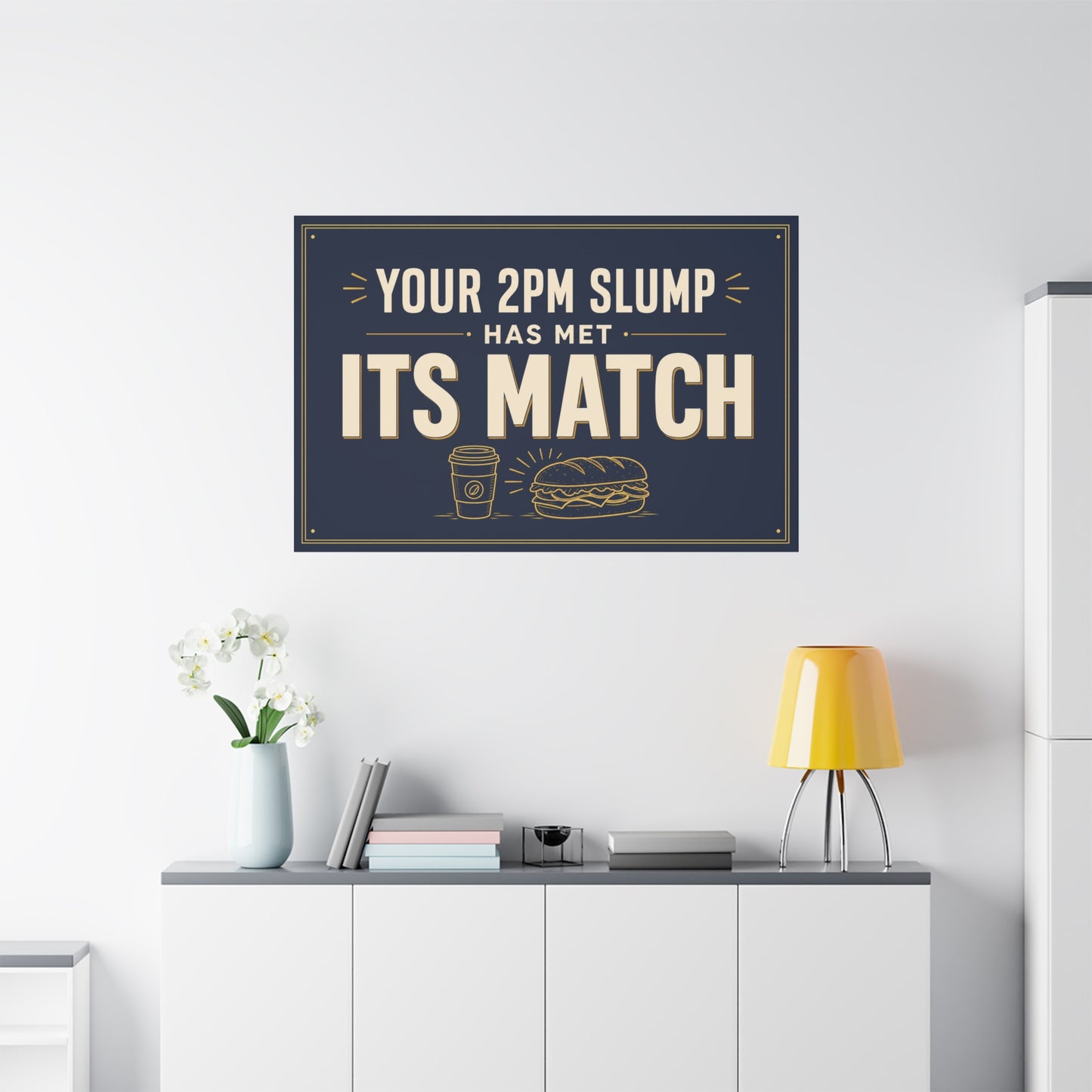 "Your 2PM Slump Has Met Its Match" Funny Canvas Wall Art - Coffee And Sandwich Typography Print - Navy Gold Retro Office Decor - Break Room Wall Hanging - Ready to Hang - Coffee Shop Decor