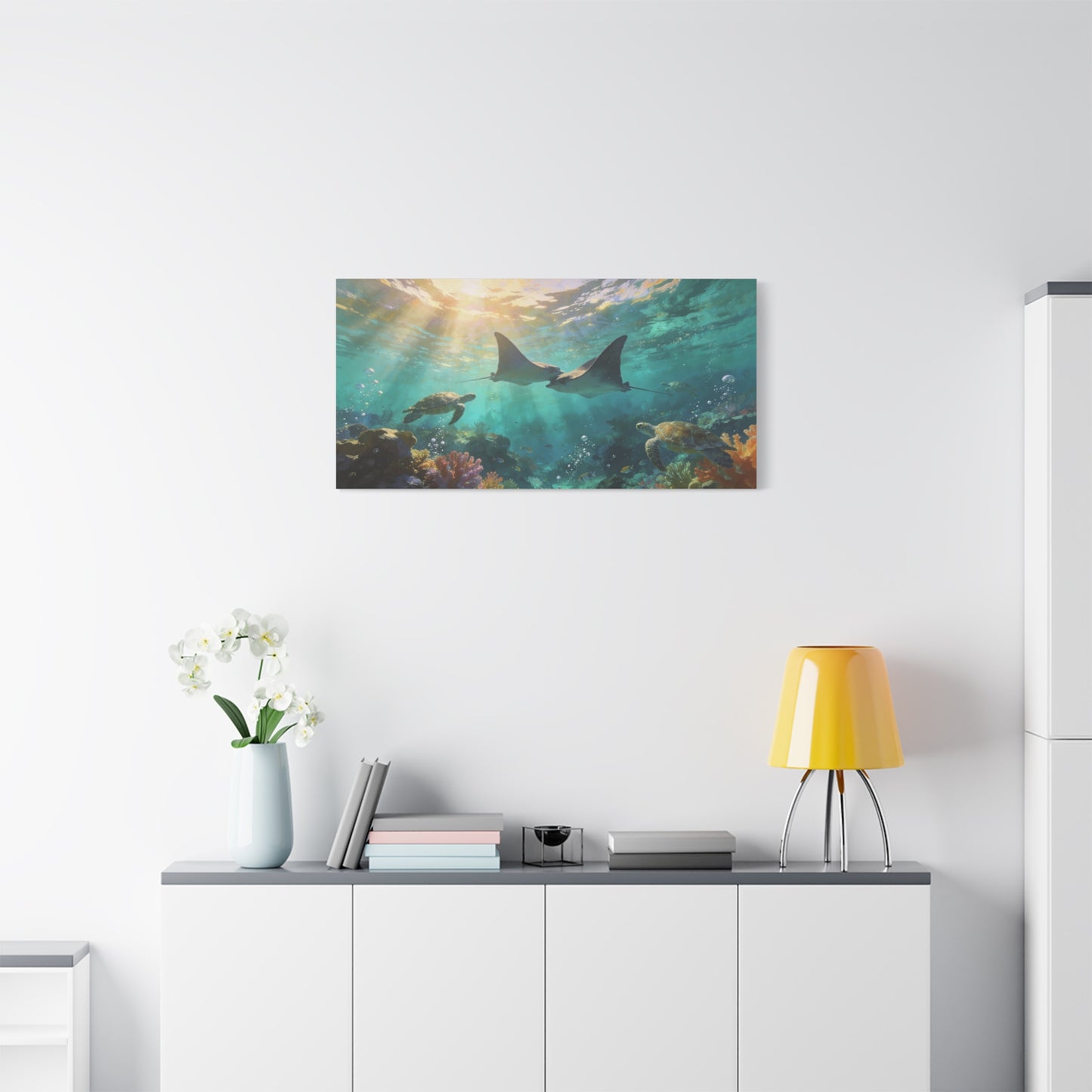 Manta Ray And Sea Turtle Canvas Wall Art - Underwater Ocean Reef Scene, Coastal Wall Decor - Matte Cotton Canvas Print - Contemporary Seascape Style - Living Room Bedroom Office - Ready to Hang