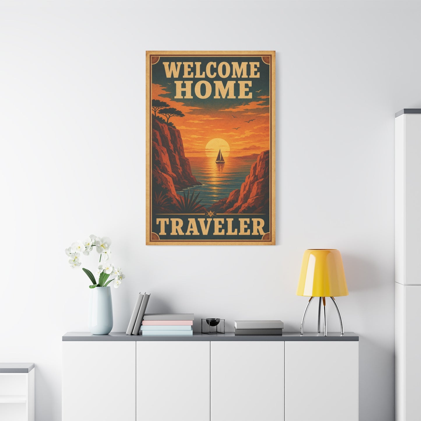 "Welcome Home Traveler" Vintage Coastal Canvas Wall Art - Sunset Sailboat Seascape Print - Retro Travel Poster Style - Living Room Wall Decor, Hallway Home Decoration - Modern Farmhouse Style