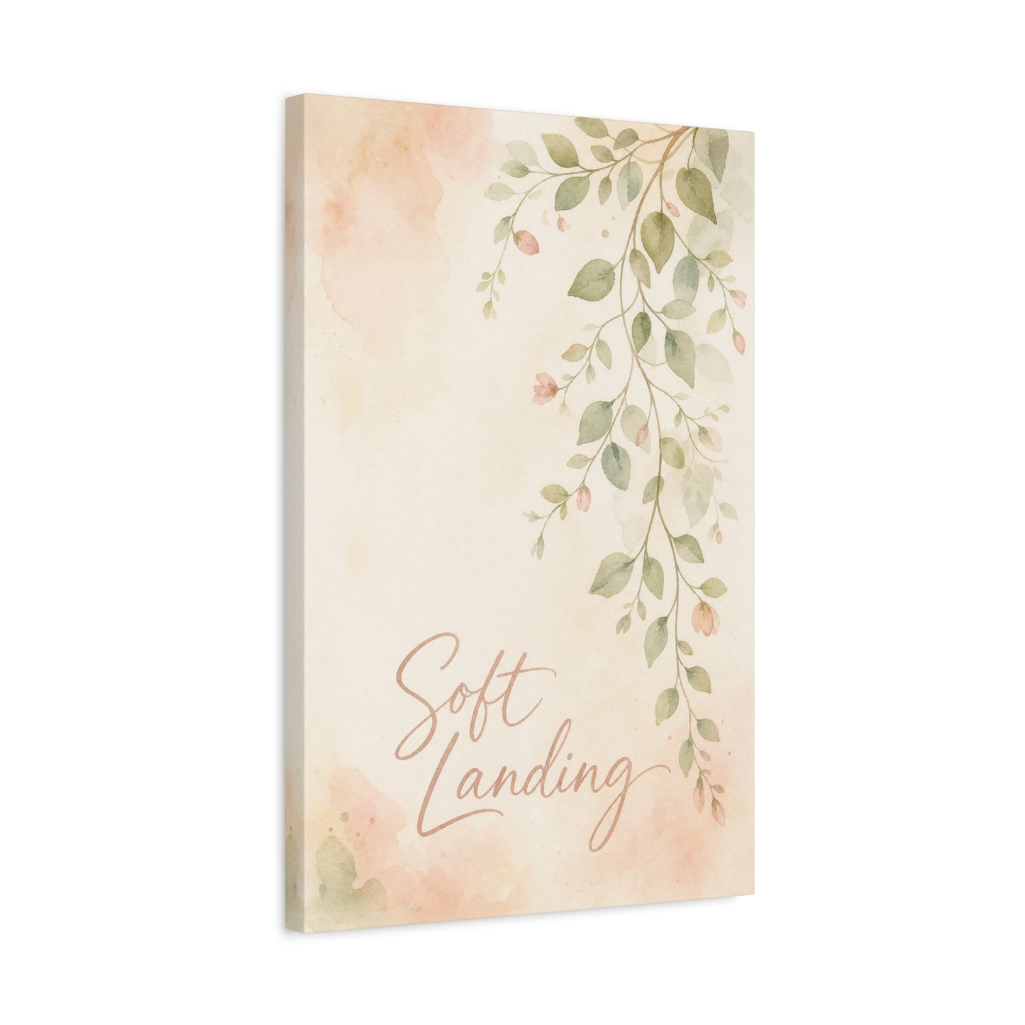 "Soft Landing" Botanical Canvas Wall Art - Watercolor Leaf Branch Quote Print - Blush Sage Floral Typography Decor - Bedroom Wall Hanging - Bedroom Home Decoration - Modern Farmhouse Style