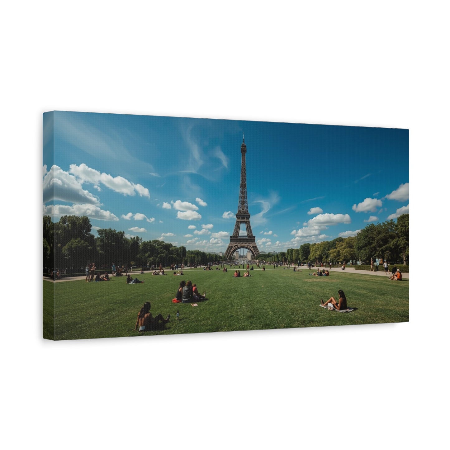 Eiffel Tower Canvas Wall Art Paris Landmark Art Print - Blue Sky, Green Lawn, Travel Cityscape Decor - Matte Cotton Artwork - Living Room Wall Decor, Office Art Accent - Bedroom Home Decoration