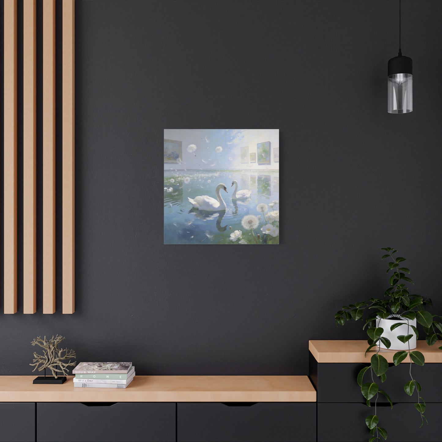 White Swan Canvas Wall Art - Serene Pond With Dandelion Seeds, Soft Blue Water Reflection - Dreamy Traditional Style - Living Room Wall Decor, Bedroom Home Decoration, Office Art - Ready to Hang