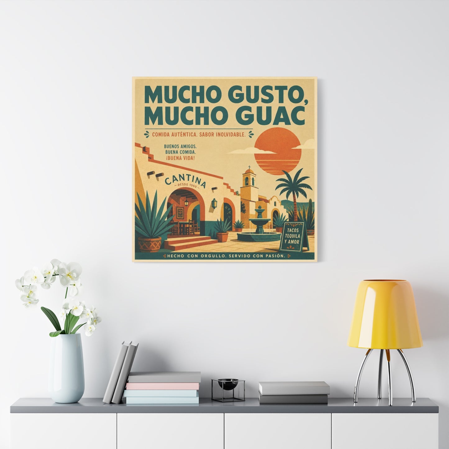 "Mucho Gusto, Mucho Guac" Cantina Canvas Wall Art - Mexican Restaurant Typography Print, Vintage Desert Courtyard Illustration, Cafe Wall Decor, Tequila Bar Sign, Workspace Accent - Ready to Hang